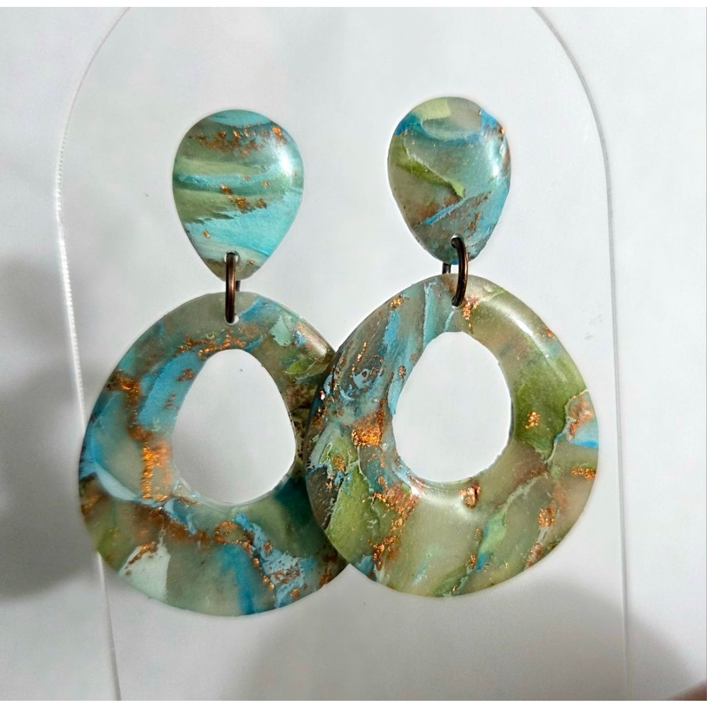 Artisan crafted marbled earrings in blues and greens-lightweight earrings